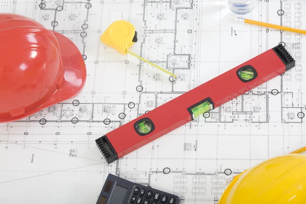 Tools and papers with sketches on the table — Stock Photo, Image