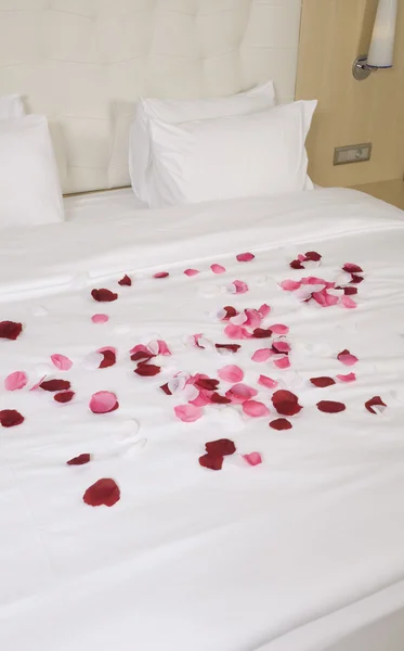 Hotel room with big bed and red flowers — Stock Photo, Image