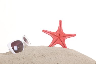 kabuk ve plajda güneş gözlüğü izole wi, beyaz bir arka plan