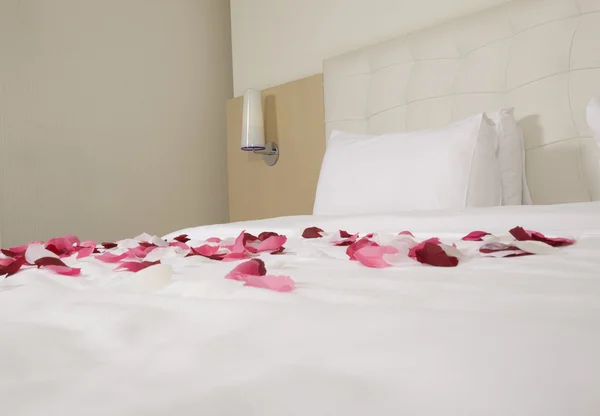 Hotel room with big bed and red flowers — Stock Photo, Image