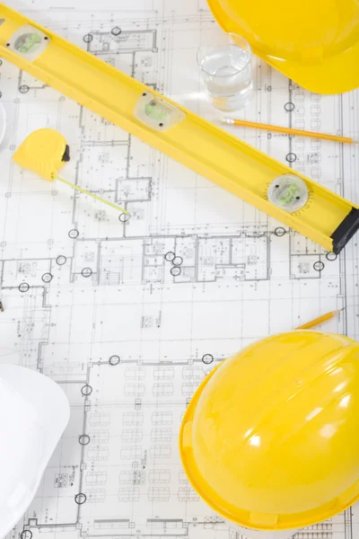 Tools and papers with sketches on the table — Stock Photo, Image