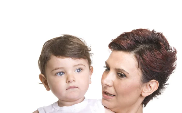 Foto de mãe feliz com bebê sobre branco — Fotografia de Stock