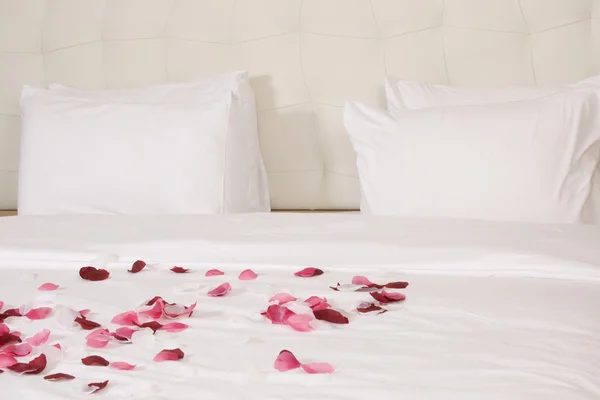 Hotel room with big bed and red flowers — Stock Photo, Image