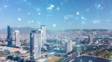 Akıllı şehir ve iletişim ağı konsepti. 5G mi? LPWA Düşük Güç Geniş Alanı. Kablosuz iletişim.