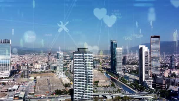 Akıllı şehir ve iletişim ağı konsepti. 5G mi? LPWA Düşük Güç Geniş Alanı. Kablosuz iletişim. — Stok video