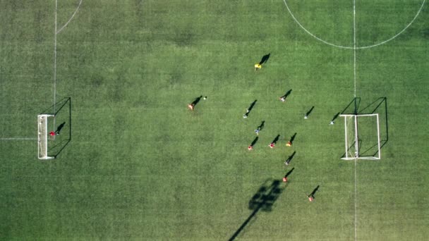 Vue du dessus d'un drone prenant des photos aériennes d'enfants jouant au soccer sur un terrain de soccer — Video