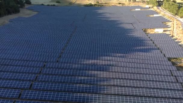Vista aérea de una granja solar en el campo. Volando sobre muchos paneles solares en una fila. Día de verano, planta de energía solar. Energía limpia ecológica. Estación solar alternativa. — Vídeo de stock