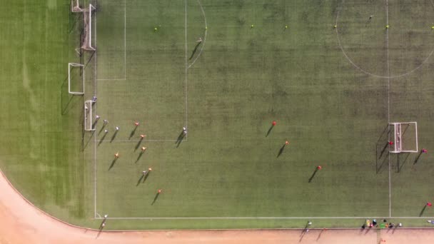 Widok z góry drona robiącego zdjęcia lotnicze dzieciakom grającym w piłkę na boisku do piłki nożnej — Wideo stockowe