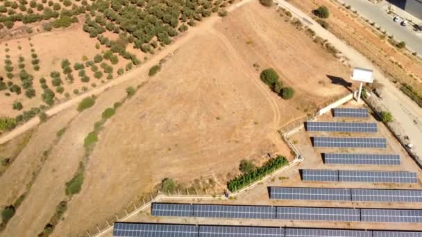 Luchtfoto van een zonneboerderij op het veld. Vliegen over vele zonnepanelen op een rij. Zomerdag, zonne-energie centrale. Ecologische schone energie. Alternatieve zonnecentrale. — Stockvideo
