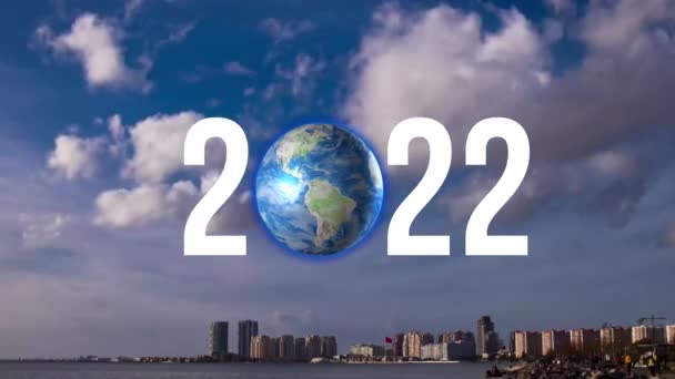 2022 New Year concept. Modern city and global network. — Stock Video