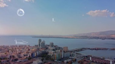 Modern şehir ve teknoloji konsepti. Akıllı şehir. Dijital dönüşüm. Arayüz Grafiksel Kullanıcı Arayüzü.