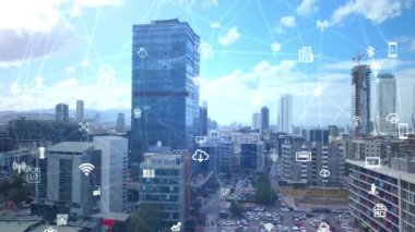 Akıllı şehir ve iletişim ağı konsepti. 5G mi? LPWA Düşük Güç Geniş Alanı. Kablosuz iletişim.
