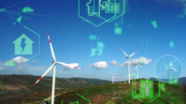 Windkraftanlage und Technologie. Intelligente Netze. Erneuerbare Energien. Nachhaltige Ressourcen. — Stockvideo