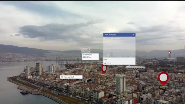 Futuristic city connected to social media. High tech vision of izmir Turkey. Augmented reality. — Vídeo de stock