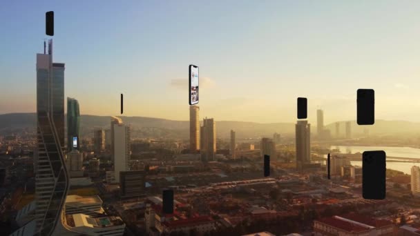 Futuristic city connected to social media. High tech vision of izmir Turkey. Augmented reality. — Stok video