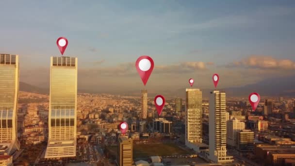 Technology concept, data communication, artificial intelligence. Aerial smart city. Localization icons in a connected futuristic city. Internet of things. Izmir Turkey skyline. — Video Stock