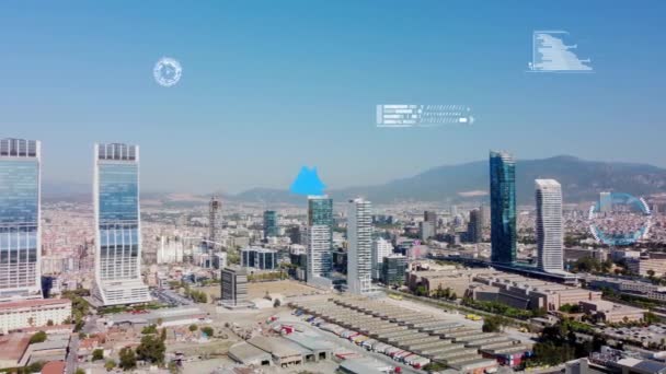 Moderno concetto di città e tecnologia. Una città intelligente. Trasformazione digitale. Interfaccia utente grafica GUI. — Video Stock