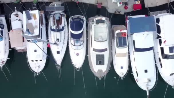 Top View Aerial Drone Nagranie: Lot nad zatoką Marina z jachtów o różnych rozmiarach. Luksusowe jachty i łodzie rybackie zaparkowane — Wideo stockowe