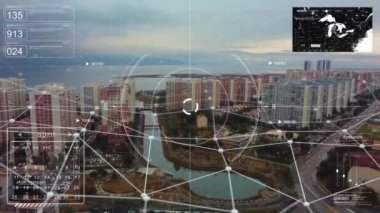 Akıllı şehir ve iletişim. Şehir teknolojisinin gelecekteki ağ konsepti. Akıllı şebeke. Kavramsal soyut. IOT, yapay zeka, bulut hesaplama, kablosuz teknoloji. İHA 'dan vurulmuş. - Evet. Yüksek kalite 4k görüntü