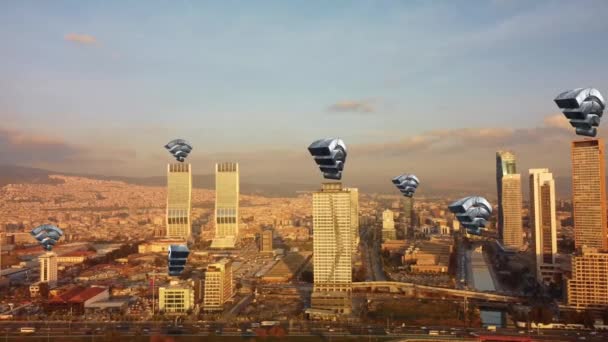 Città aerea collegata tramite 5G. Rete wireless, concetto di tecnologia mobile, comunicazione dati, cloud computing, intelligenza artificiale, internet delle cose. izmir City skyline. Città futuristica — Video Stock