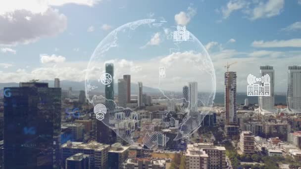 Akıllı şehir ve iletişim ağı konsepti. 5G mi? LPWA Düşük Güç Geniş Alanı. Kablosuz iletişim. — Stok video