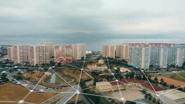 Ciudad inteligente y comunicación. Concepto futurista de red de tecnología urbana. Smart Grid. Resumen conceptual. IOT, AI, computación en la nube, tecnología inalámbrica. Disparo de dron. — Vídeos de Stock