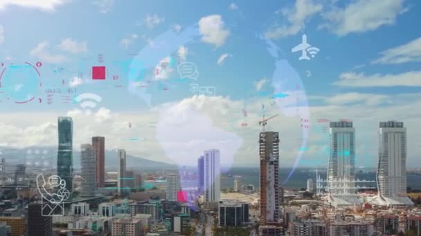 Concepto de ciudad inteligente y red de comunicación. 5G. Internet de las cosas. Telecomunicaciones. — Vídeo de stock