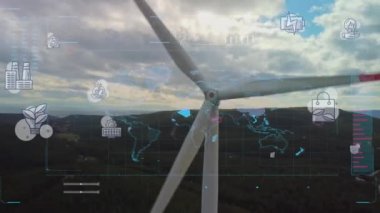 Dijital olarak üretilen sanal görüntü teknolojisi görselleştirilmiş yel değirmenlerinin hava görüntüsü. Rüzgar güç türbinleri yeşil ekolojik bir yolla sürdürülebilir gelişim için temiz yenilenebilir enerji üretiyor