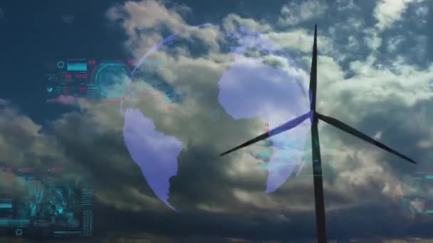 Воздушный вид ветряных мельниц с цифровым голографическим отображением технологической визуализации данных. Ветроэнергетические турбины, генерирующие чистую возобновляемую энергию для устойчивого развития зеленым экологическим способом — стоковое видео