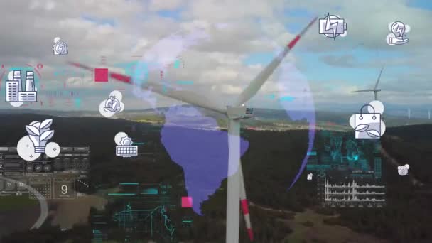 Vista aérea de molinos de viento con visualización holográfica de datos de tecnología de visualización generada digitalmente. Turbinas eólicas generadoras de energía renovable limpia para el desarrollo sostenible de manera ecológica — Vídeo de stock
