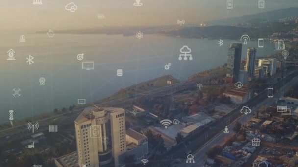 Smart city e concetto di rete di comunicazione. Trasformazione digitale. IoT Internet delle cose. Tecnologie dell'informazione e della comunicazione. — Video Stock