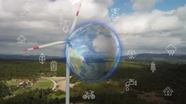 Dijital olarak üretilen sanal görüntü teknolojisi görselleştirilmiş yel değirmenlerinin hava görüntüsü. Rüzgar güç türbinleri yeşil ekolojik bir yolla sürdürülebilir gelişim için temiz yenilenebilir enerji üretiyor