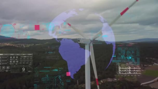 Vista aérea de moinhos de vento com visualização de dados de tecnologia de exibição holográfica gerada digitalmente. Turbinas eólicas geradoras de energia renovável limpa para o desenvolvimento sustentável de forma ecológica verde — Vídeo de Stock