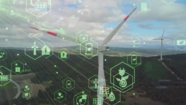 Vista aerea sul paesaggio agricolo e turbine eoliche che generano energia rinnovabile pulita. Produzione di energia rinnovabile per il mondo ecologico verde. — Video Stock