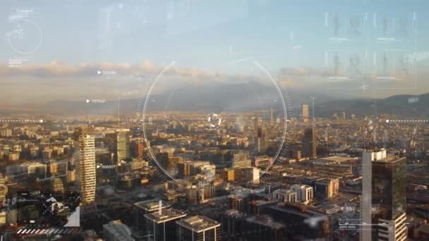 4K具有HUD元素重叠的现代智能城市. — 图库视频影像
