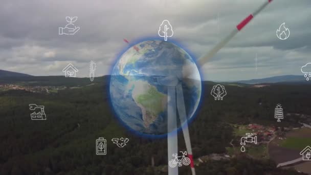 Vue aérienne des éoliennes avec visualisation des données techniques d'affichage holographique générées numériquement. Les éoliennes générant des énergies renouvelables propres pour le développement durable d'une manière écologique verte — Video