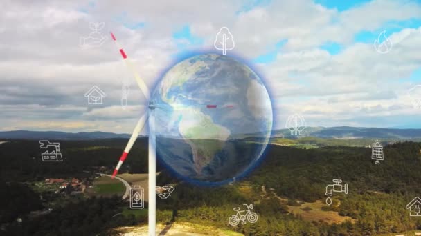 Luftaufnahme über die Farmlandschaft und Windräder, die saubere erneuerbare Energien erzeugen. Erneuerbare Energieerzeugung für eine grüne, ökologische Welt. — Stockvideo