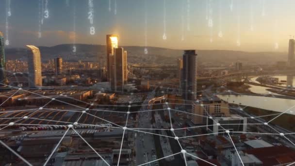 Bağlantıları olan İzmir Skyline 'ın hava görüntüsü. Teknoloji-Fütürist. Finans bölgesinin yüksek teknolojili görüntüsü bir ağ üzerinden birbirine bağlı. Nesnelerin İnterneti. Yapay zeka. — Stok video