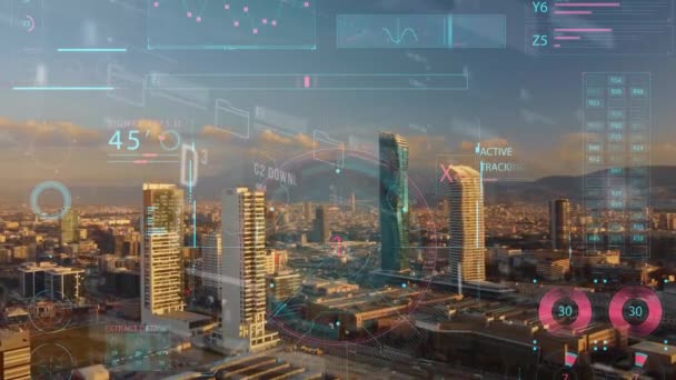 Έξυπνη έννοια της πόλης και του δικτύου επικοινωνίας. Ψηφιακή μεταμόρφωση. IoT Internet of Things. Τεχνολογίες Πληροφορικής και Επικοινωνιών. — Αρχείο Βίντεο