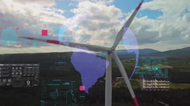 Aerial view of windmills with digitally generated holographic display tech data visualization. Wind power turbines generating clean renewable energy for sustainable development in a green ecologic way — Stock Video