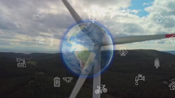 Vista aérea de molinos de viento con visualización holográfica de datos de tecnología de visualización generada digitalmente. Turbinas eólicas generadoras de energía renovable limpia para el desarrollo sostenible de manera ecológica — Vídeos de Stock