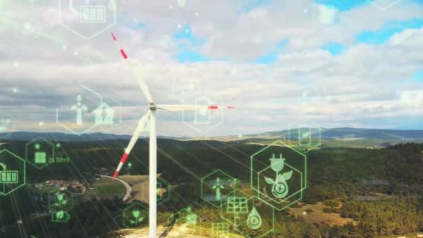 Uitzicht vanuit de lucht op het boerenlandschap en windturbines die schone hernieuwbare energie opwekken. Duurzame energieproductie voor de groene ecologische wereld. — Stockvideo