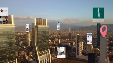 Birkaç arayüzle bağlı hava şehri. Fütürist bir kavram. İzmir 'e göre büyümüş gerçeklik