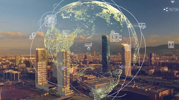 Global anslutning och nätmodernisering i smarta städer. Begreppet framtida 5G trådlös digital anslutning och sociala medier nätverk . — Stockfoto