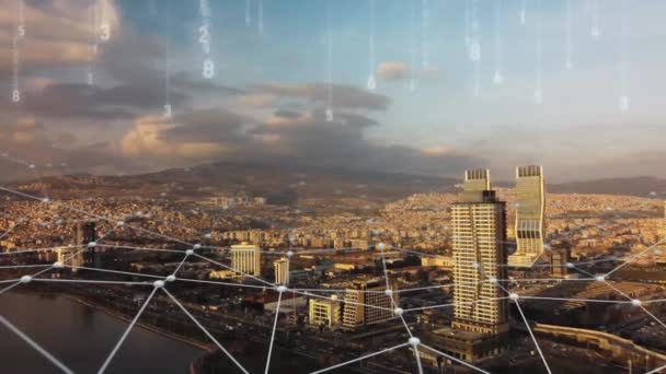 Bağlantıları olan İzmir Skyline 'ın hava görüntüsü. Teknoloji-Fütürist. Finans bölgesinin yüksek teknolojili görüntüsü bir ağ üzerinden birbirine bağlı. Nesnelerin İnterneti. Yapay zeka. — Stok video