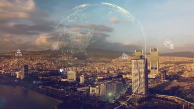 Akıllı şehirde küresel bağlantı ve internet ağı modernizasyonu. Gelecekteki 5G kablosuz dijital bağlantı ve sosyal medya ağı kavramı .