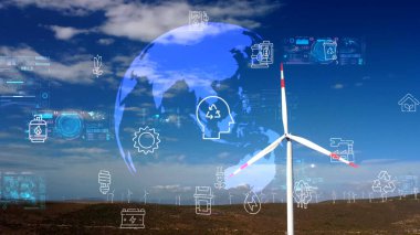 Çiftlik arazisi üzerindeki hava manzarası ve temiz yenilenebilir enerji üreten rüzgar türbinleri. Yeşil ekolojik dünya için yenilenebilir enerji üretimi.