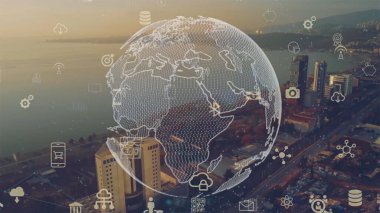 Akıllı şehirde küresel bağlantı ve internet ağı modernizasyonu. Gelecekteki 5G kablosuz dijital bağlantı ve sosyal medya ağı kavramı .