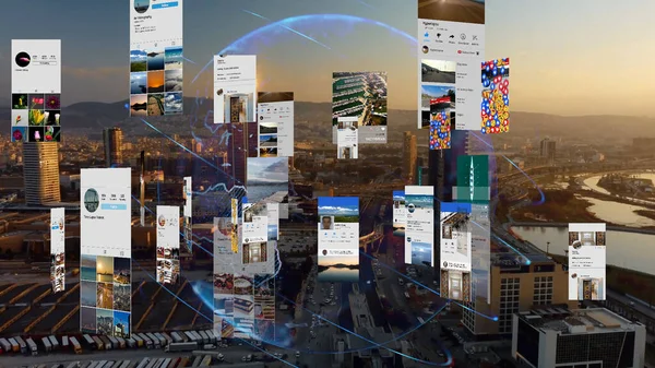 Futuristiska staden ansluten till sociala medier. Högteknologisk vision av London. Förstärkt verklighet. Förenade kungariket. — Stockfoto