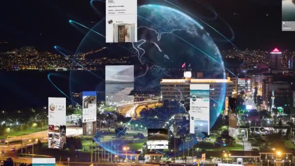 未来派城市连接到社交媒体。伦敦的高科技愿景。扩大的现实。英国. — 图库视频影像